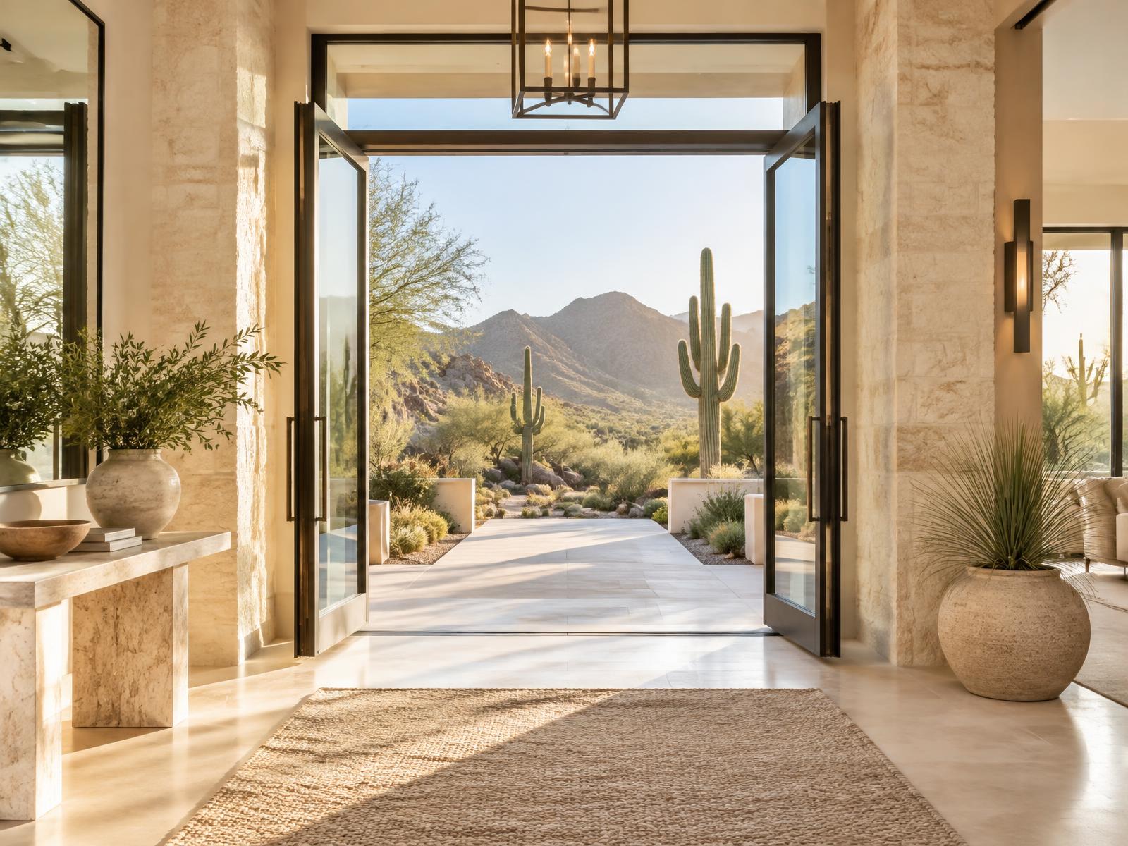Open doors leading to a sunlit Arizona desert landscape